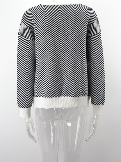 flowersverse Striped Long Sleeves Loose Round-Neck Sweater Tops Pullovers Knitwear