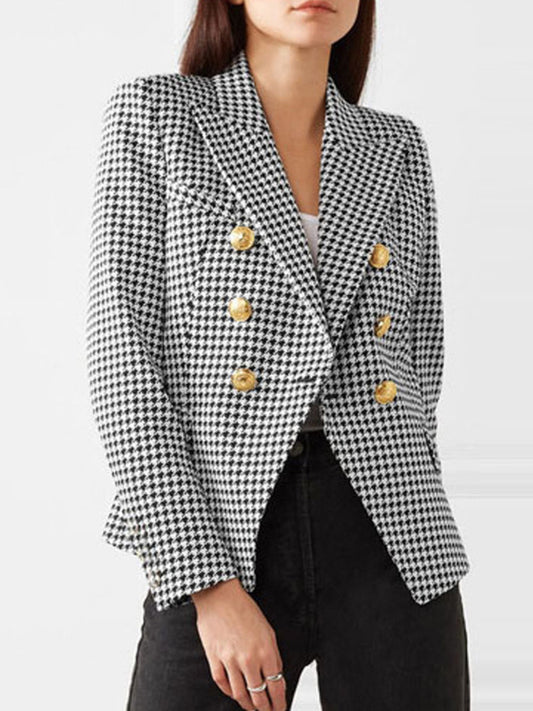 flowersverse Buttoned Houndstooth Long Sleeves Notched Collar Outerwear Blazer
