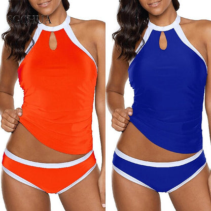 flowersverse Women's Swimwear Tankini 2 Piece Normal Swimsuit 2 Piece Plain Blue Orange Tank Top Bathing Suits Sports Summer