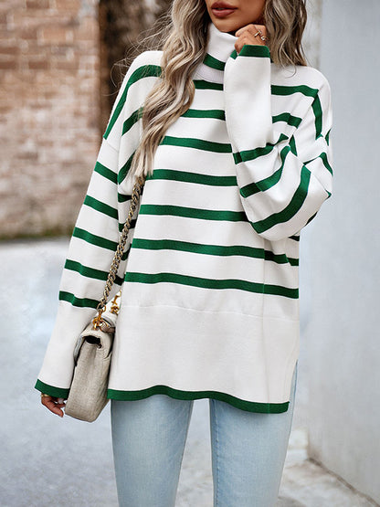 flowersverse Contrast Color Split-Side Striped Long Sleeves Loose High Neck Sweater Tops Pullovers