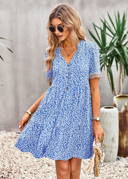 flowersverse Floral Buttoned Puff Sleeve Dress