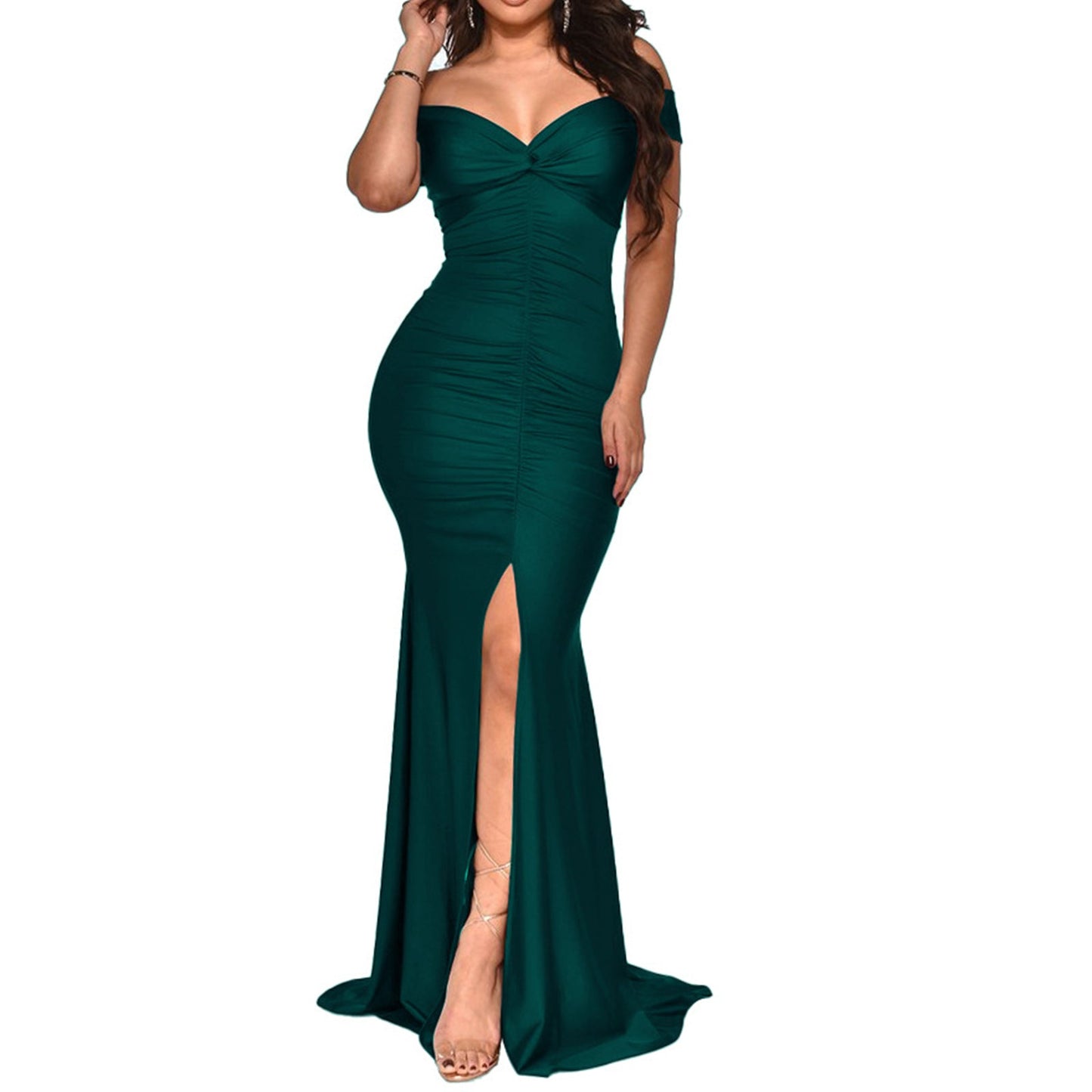 flowersverse Off Shoulder Ruched Split Bodycon Maxi Dresses