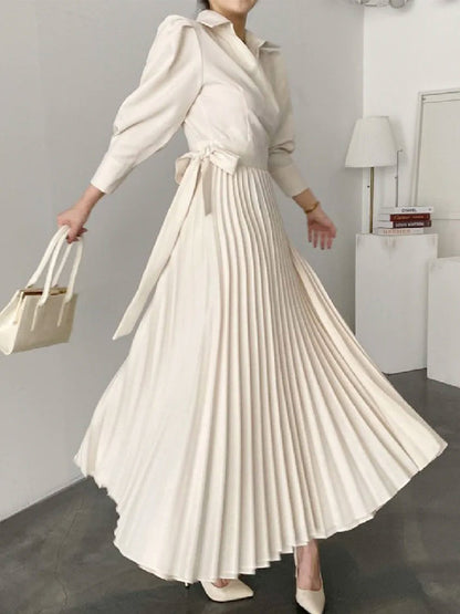 flowersverse Office Pleated Asymmetric Solid Color Lapel Maxi Dresses