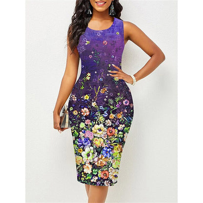 flowersverse Women's Work Dress Sheath Dress Semi Formal Dress Fashion Midi Dress Print Crew Neck Sleeveless Floral Slim Pink Red Blue Spring Summer S M L XL XXL