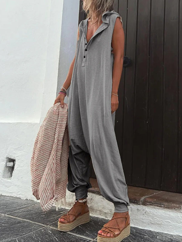 flowersverse Buttoned Loose Sleeveless V-neck Jumpsuits