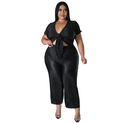 flowersverse Plus Size Women Stretch Lace-Up Top and Pleated Wide-Leg Pants Two-Piece Set