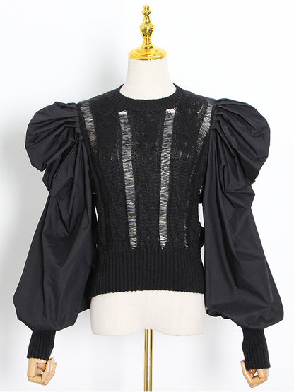 flowersverse Original Skinny Puff Sleeves Hollow Split-Joint Round-Neck Sweater Tops