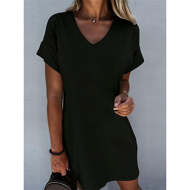 flowersverse Women's Casual Dress T Shirt Dress Tee Dress Summer Dress Plain Loose V Neck Mini Dress Active Fashion Outdoor Daily Short Sleeve Loose Fit Black White Gray Spring Summer S M L XL XXL