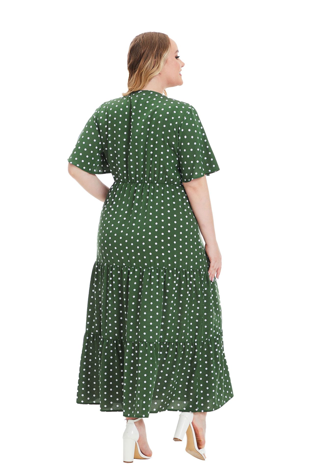 flowersverse Summer Plus Size Women's V Neck Polka Dot Short Sleeve Dress