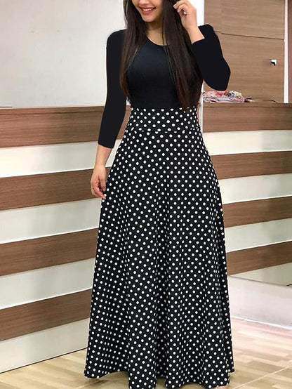 flowersverse Women's Casual Dress Sheath Dress Long Dress Maxi Dress Black And White Color bar Dots Long Sleeve Floral Print Winter Fall Spring Crew Neck Winter Dress Daily Fall Dress Slim S M L XL XXL XXXL 4XL