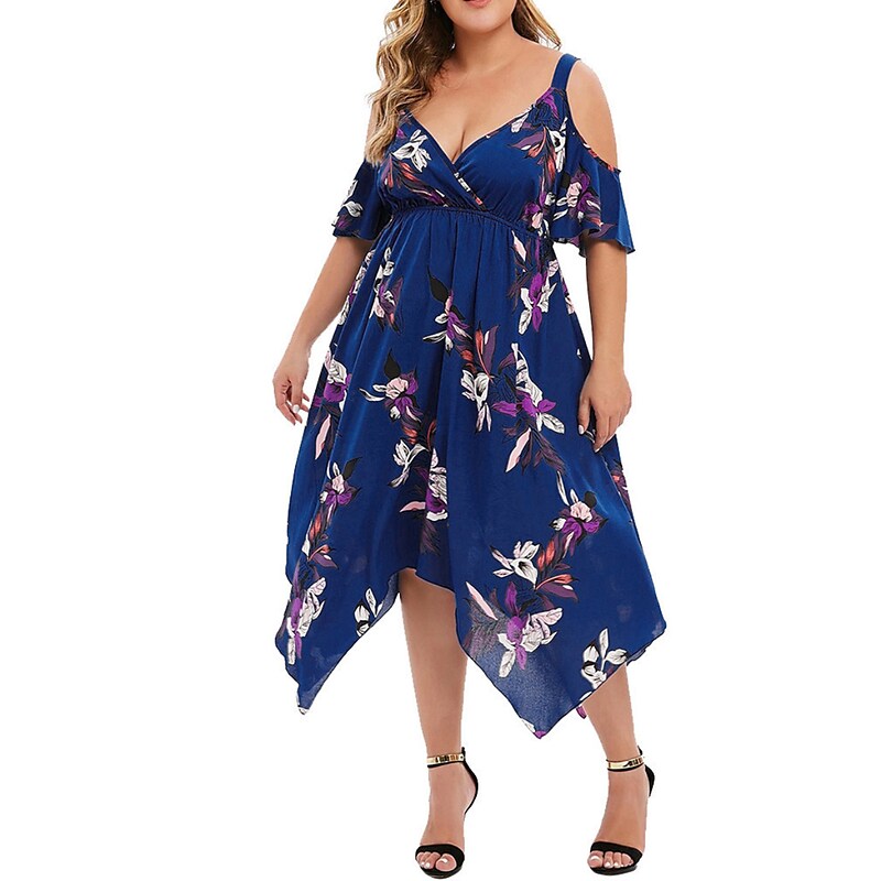 flowersverse Women's Plus Size Casual Dress Swing Dress Floral Dress Floral Midi Dress Short Sleeve Asymmetric Print V Neck Fashion Holiday Wine Navy Blue Spring Summer XL XXL 3XL 4XL 5XL