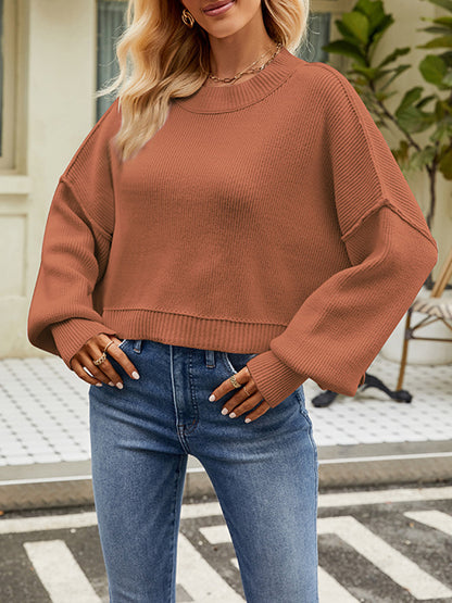 flowersverse Solid Color Split-Joint Split-Side Batwing Sleeves High-Low Round-Neck Sweater Tops Pullovers