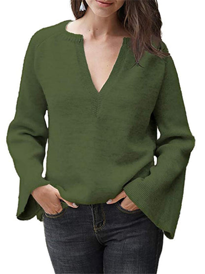 flowersverse Casual Long Sleeves Loose Solid Color V-Neck Sweater Tops