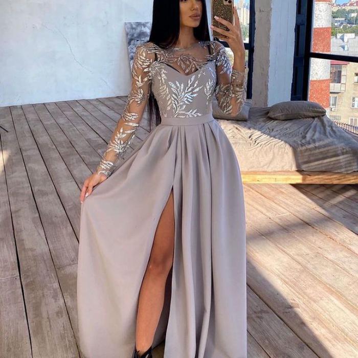 flowersverse Autumn Long Sleeve Evening Gown Women's Sequined Swing Banquet Dress