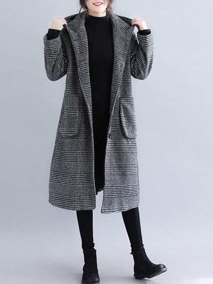 flowersverse Loose Plaid Woolen Hood Coat