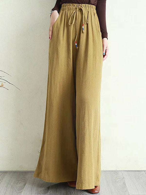 flowersverse Artistic Ramie Cotton Drawstring Elasticity Loose Wide-Leg Pants