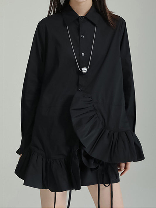 flowersverse Asymmetric Solid Color Cropped Long Sleeves Lapel Blouses&shirts Tops