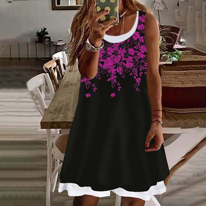 flowersverse Women's Plus Size Casual Dress Floral Crew Neck Print Sleeveless Spring Summer Casual Preppy Short Mini Dress Daily Vacation Dress