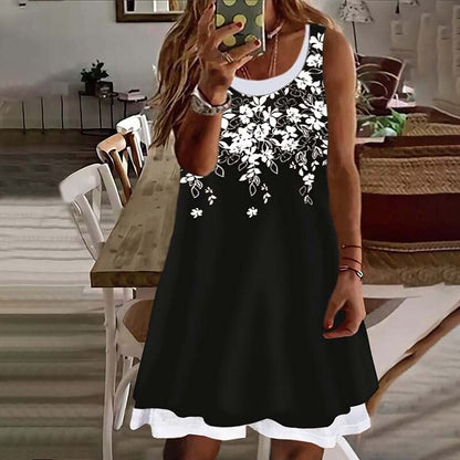 flowersverse Women's Plus Size Casual Dress Floral Crew Neck Print Sleeveless Spring Summer Casual Preppy Short Mini Dress Daily Vacation Dress