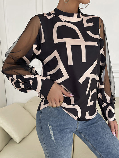 flowersverse Buttoned Hollow Letter Print See-Through Split-Joint Long Sleeves Round-neck Shirts Tops Blouses&shirts Tops