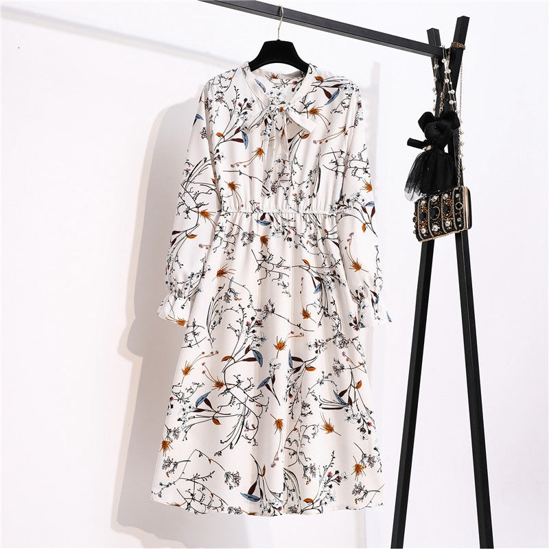 flowersverse Autumn Winter Ladies Chiffon High Elastic Waist Women Bow Aline Full Sleeve Flower Print Floral Party Dress Female Vestido