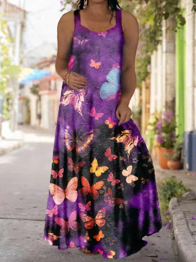 flowersverse Women's Plus Size Casual Dress Slip Dress Floral Butterfly Long Dress Maxi Dress Sleeveless Backless Print Strap Fashion Daily Black Light Green Spring Summer L XL XXL 3XL 4XL