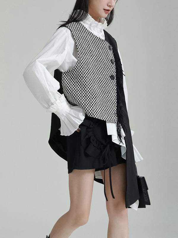 flowersverse Asymmetric Buttoned Houndstooth Ruffle Sleeves Sleeveless Vest Outerwear