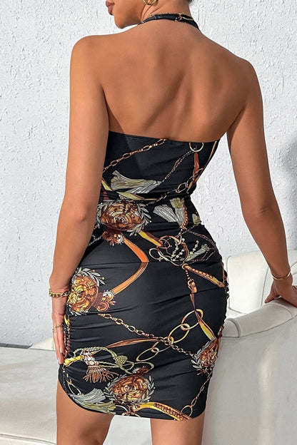 flowersverse Scarf Print Ruched Halter Neck Bodycon Dress