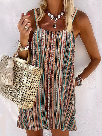 flowersverse Women's Casual Dress Shift Dress Tank Dress Stripe Pocket Print Square Neck Mini Dress Fashion Streetwear Outdoor Daily Sleeveless Loose Fit Blue Purple Brown Spring Summer S M L XL XXL
