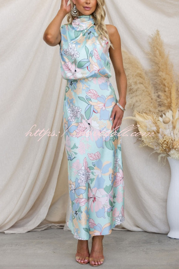 flowersverse Love In The Garden Floral Halter Neck Elastic Waist Maxi Dress