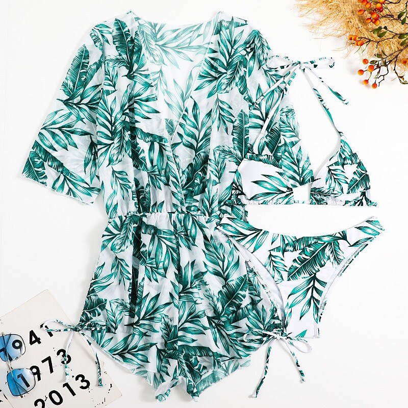flowersverse Women's Swimwear Bikini Normal Swimsuit 3-Piece Printing Leaf Geometic Black Orange Green Bathing Suits Sports Beach Wear Summer