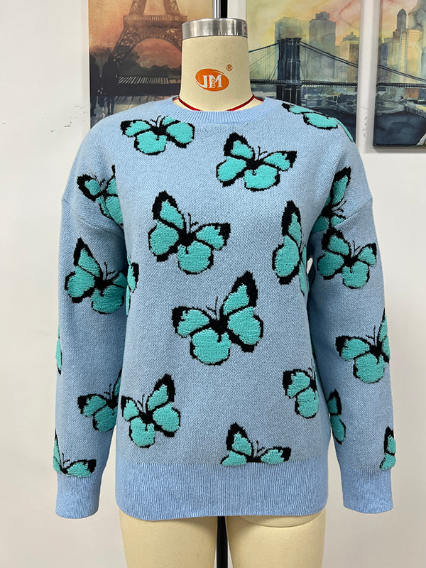 flowersverse Original Long Sleeves Loose Butterfly Print Contrast Color Round-Neck Sweater Tops