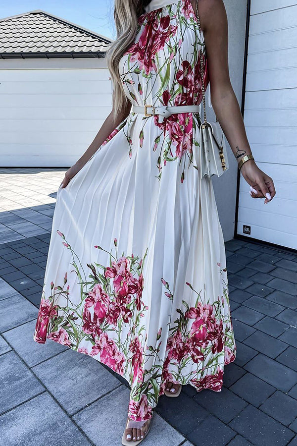 flowersverse Life In Floral Pleated Halter Neck Maxi Dress