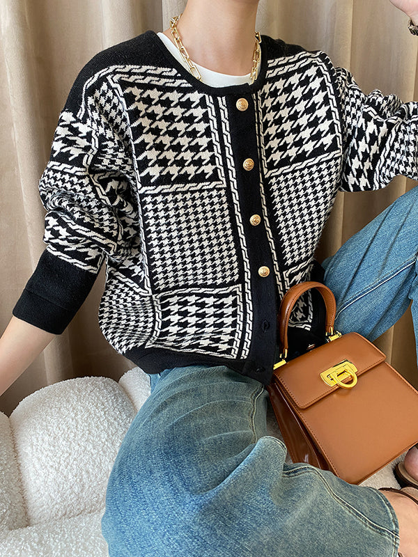 flowersverse Long Sleeves Loose Contrast Color Houndstooth Split-Joint Round-Neck Cardigan Tops