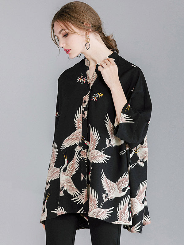 flowersverse Original Crane Printed Buttoned Stand Collar Half Sleeves Blouse