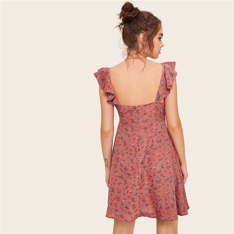 flowersverse Boho Ditsy Floral Knot Neck Ruffle Trim Summer Dress