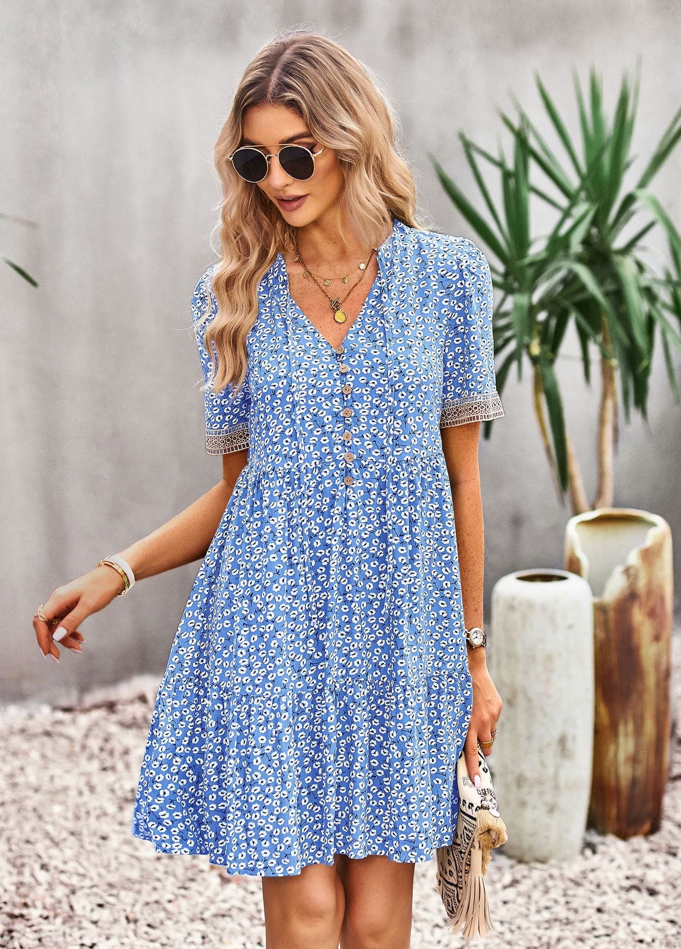 flowersverse Floral Buttoned Puff Sleeve Dress