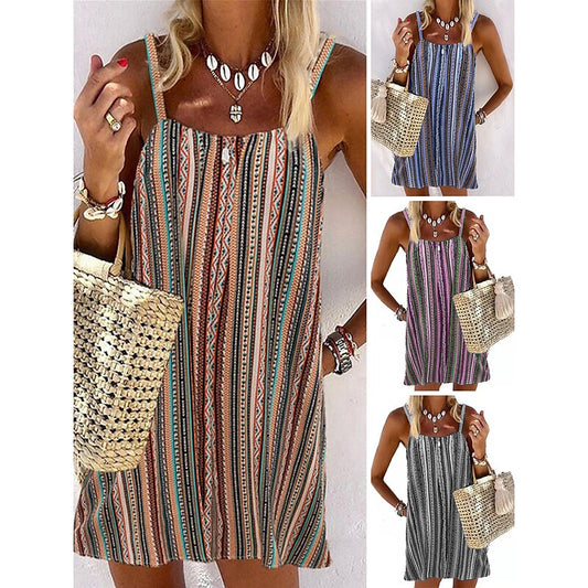 flowersverse Women's Casual Dress Shift Dress Tank Dress Stripe Pocket Print Square Neck Mini Dress Fashion Streetwear Outdoor Daily Sleeveless Loose Fit Blue Purple Brown Spring Summer S M L XL XXL