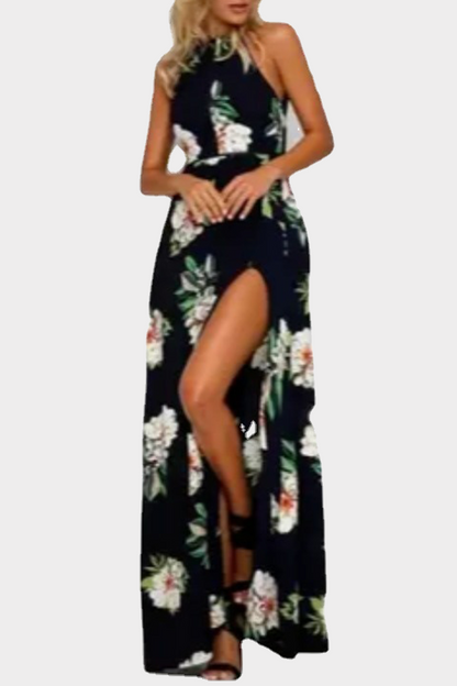 flowersverse Elegant Floral Backless Slit Strap Design Halter Dresses(3 Colors)