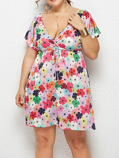 flowersverse Women's Plus Size Casual Dress Floral Dress Boho Dress Floral Plaid Mini Dress Short Sleeve Print V Neck Fashion Daily Black Pink Summer Spring L XL XXL 3XL 4XL