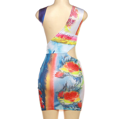 flowersverse Summer Women Dress Sleeveless Cutout Backless Sexy Bodycon Dress