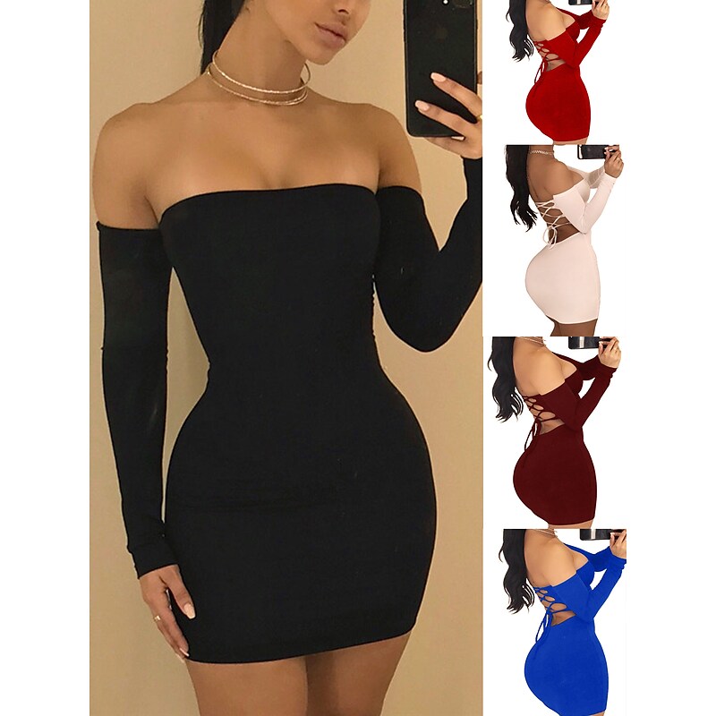 flowersverse Women's Semi Formal Dress Party Dress Bodycon Sheath Dress Mini Dress Black White Wine Long Sleeve Pure Color Backless Spring Fall Winter Off Shoulder Party Vacation Spring Dress Slim  S M L XL