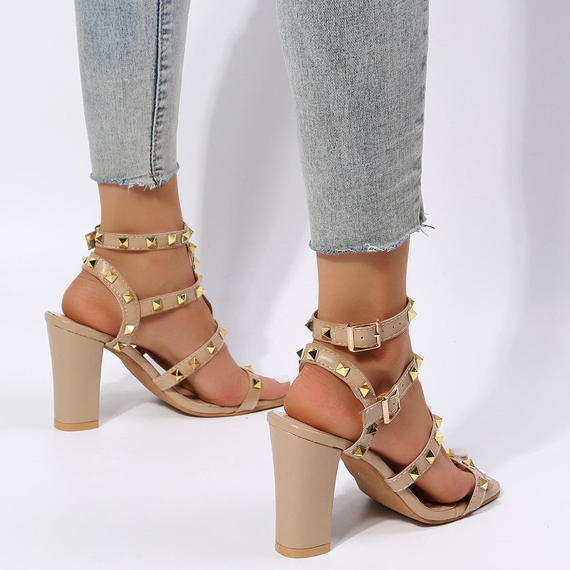 flowersverse Square-Toe Gladiator High Heels: Rivet Sandals for Women with Buckle Strap