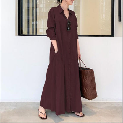 flowersverse Cotton And Linen Loose Casual Long Shirt Dress