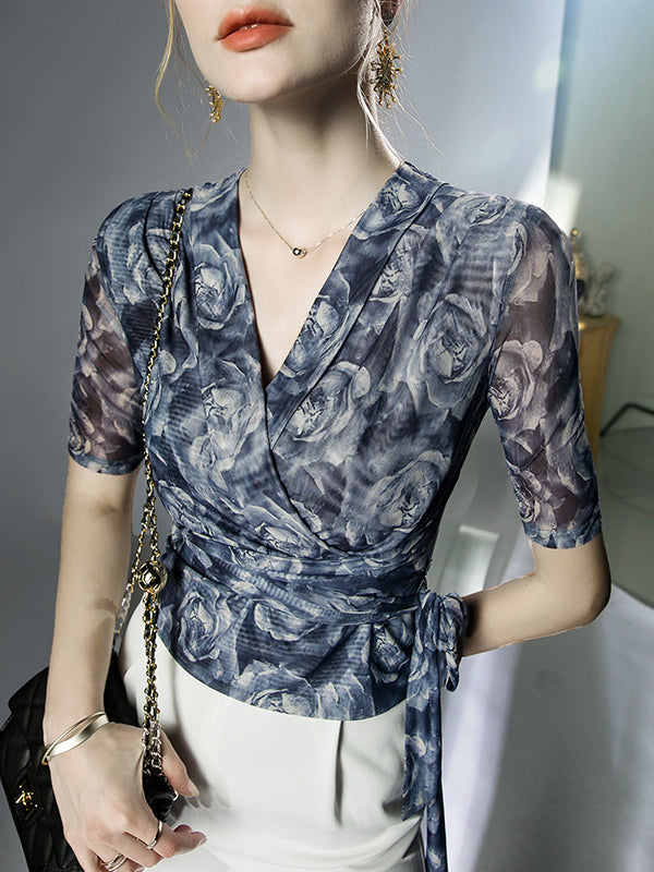 flowersverse Flower Print Mesh Tied Half Sleeves Plus Size V-Neck Blouses&Shirts Tops