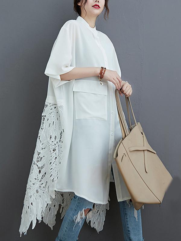 flowersverse Loose Split-Joint Hollow Solid Long Blouse