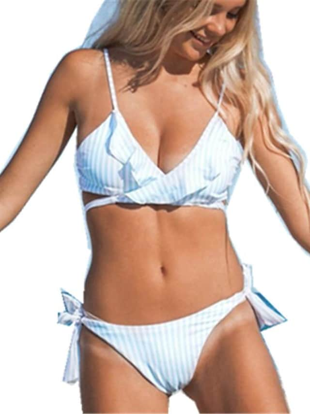 flowersverse Women's Swimwear Bikini Normal Swimsuit 2 Piece Striped Pink Blue Bathing Suits Sports Summer