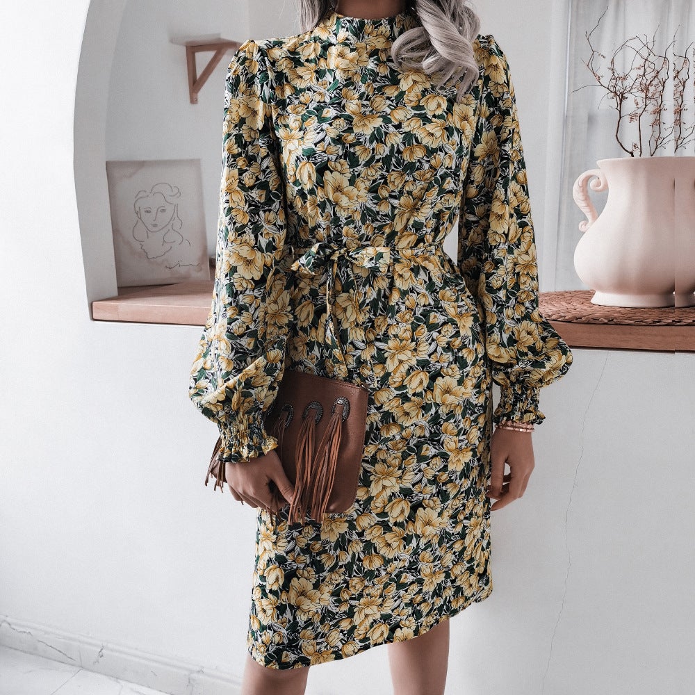 flowersverse Floral Stand Collar Lantern Long Sleeve Chiffon Dress