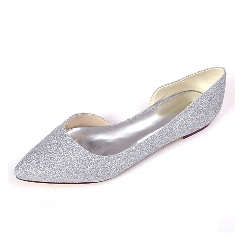 flowersverse Women's Wedding Shoes Wedding Party Wedding Flats Bridesmaid Shoes Summer Flat Heel Pointed Toe Basic Minimalism Glitter Synthetics Loafer Solid Colored White Silver Champagne