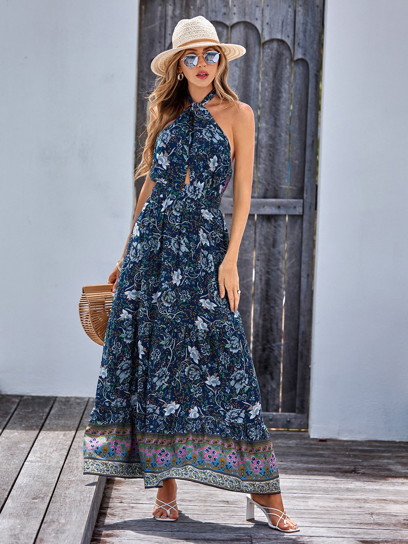 flowersverse Bohemian Printed Polyester Casual Halter Long Women's Dress